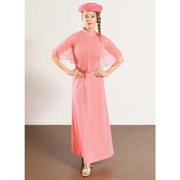 Vintage 70s Miss Rubette Women's Pink sheer cape prom wedding Maxi Dress Size 14 - Picture 1 of 13